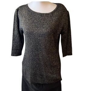 MNG by Mango szL 3/4 sleeve gathered shoulders black metallic gold sweater EUC